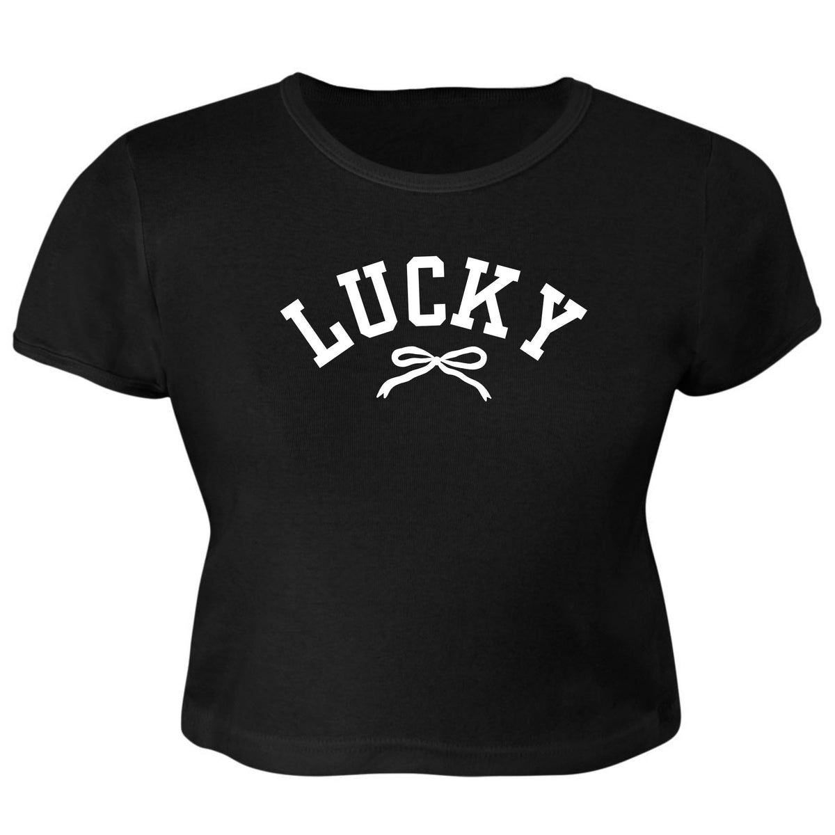 St. Patricks Day Cute Lucky With A Bow Juniors Womens Crop Top T Shirt Juniors Crop T-Shirts Oldglory.com SM Black