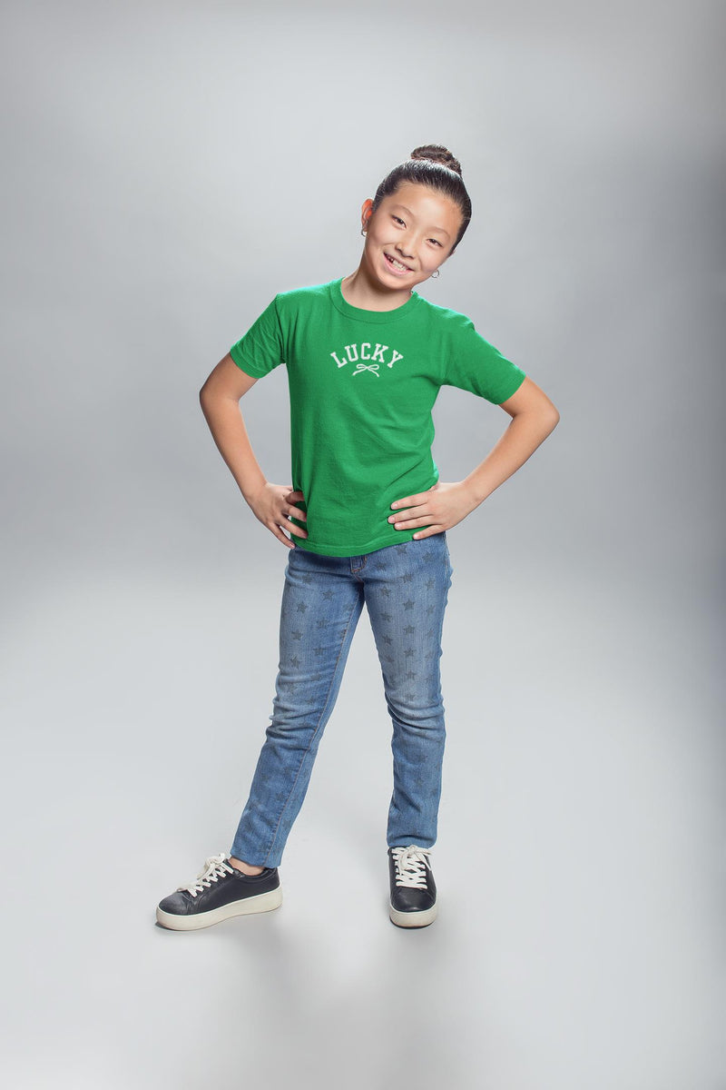 St. Patricks Day Cute Lucky With A Bow Youth Short Sleeve T Shirt Youth T-Shirts Oldglory.com