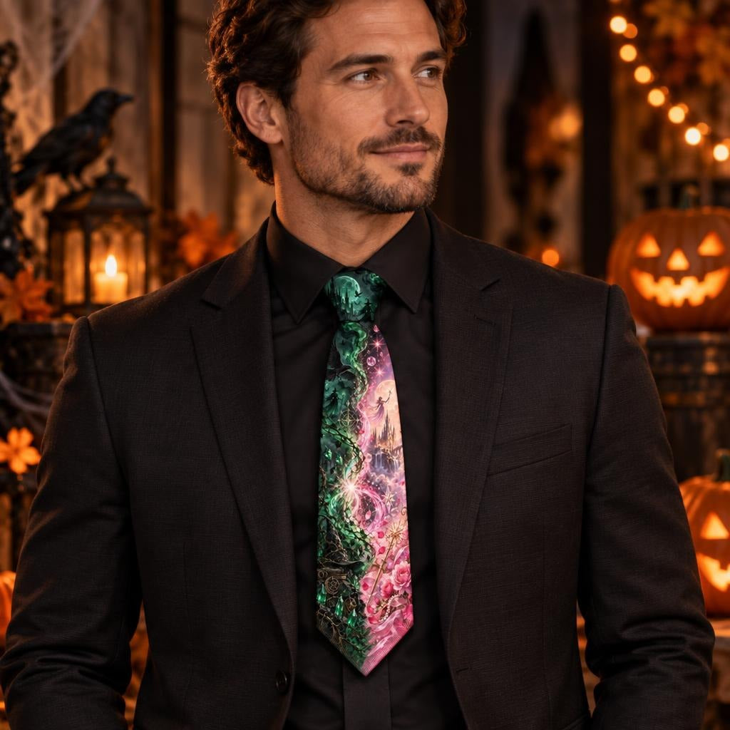 Pink & Green Witch Enchantment All Over Men's Neck Tie