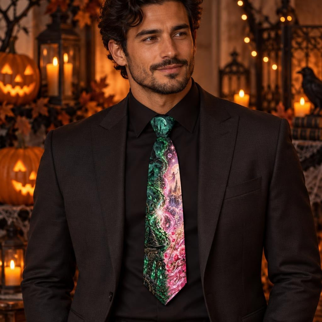 Pink & Green Witch Enchantment All Over Men's Neck Tie