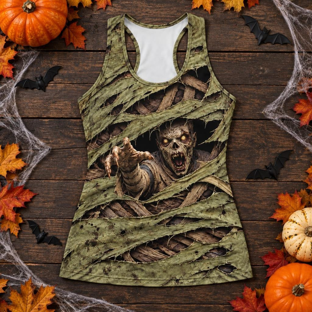 Wrapped Mummy Breakout Costume All Over Women's Racerback Tank Top Women's Tank Tops Old Glory