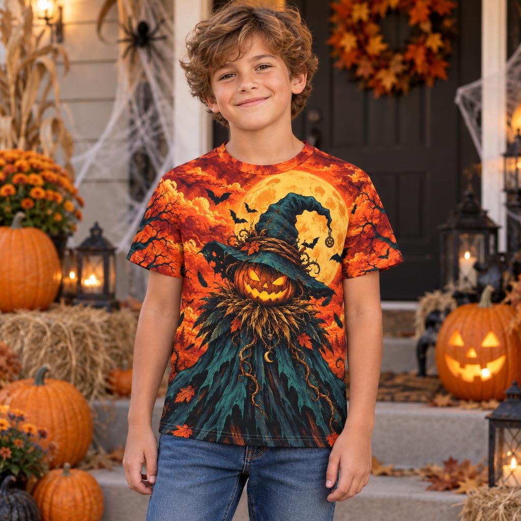 Pumpkin Patch Fright Scarecrow All Over Youth T Shirt Youth T-Shirts Old Glory