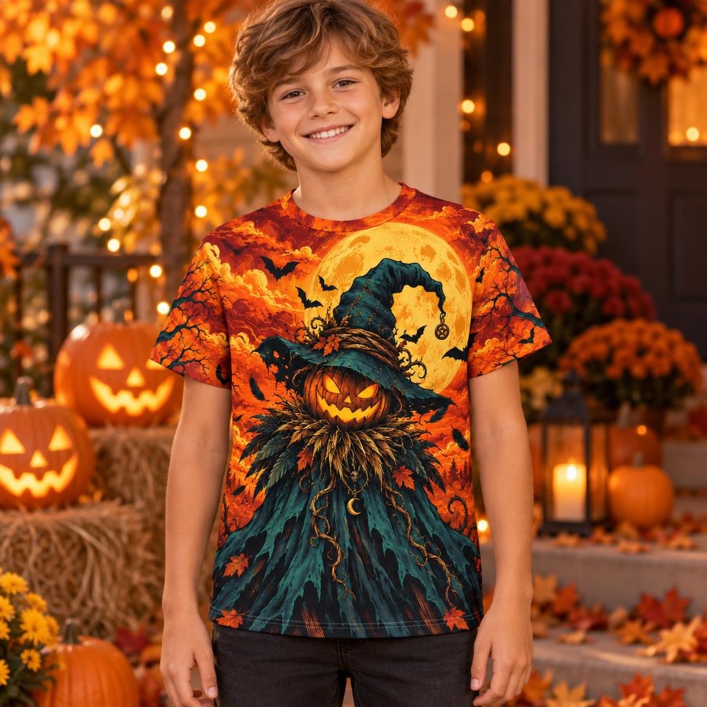 Pumpkin Patch Fright Scarecrow All Over Youth T Shirt Youth T-Shirts Old Glory