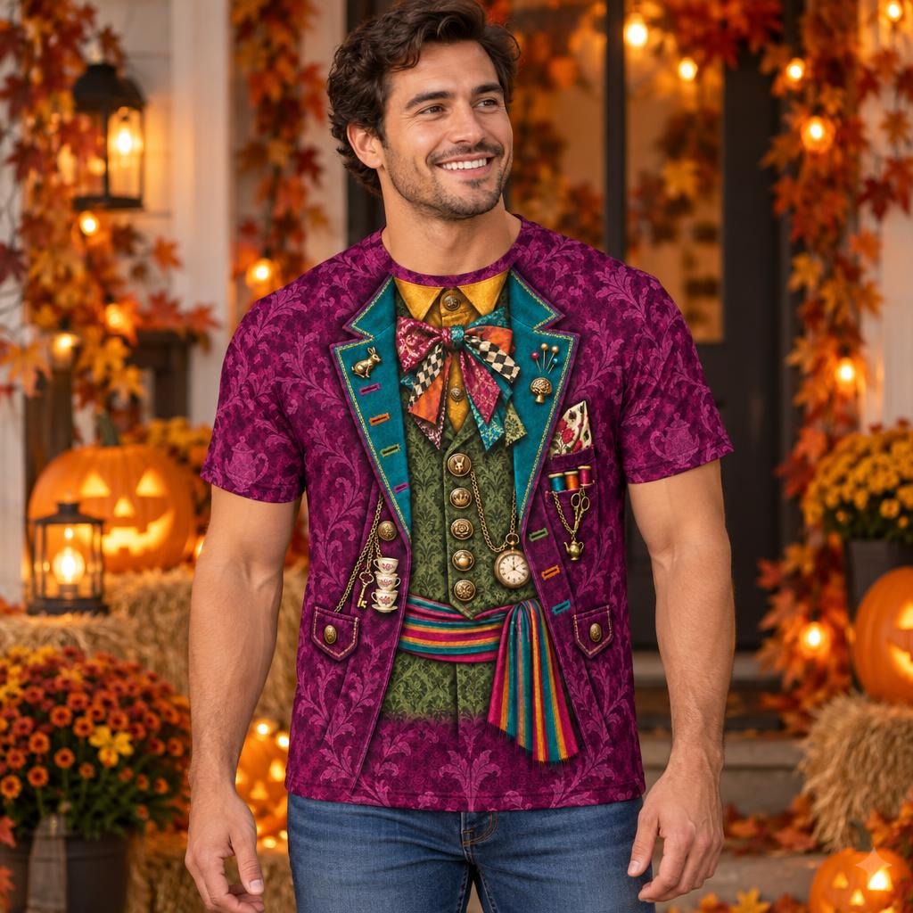 Crazy Mad Hatter Costume All Over Mens T Shirt Men's T-Shirts Old Glory