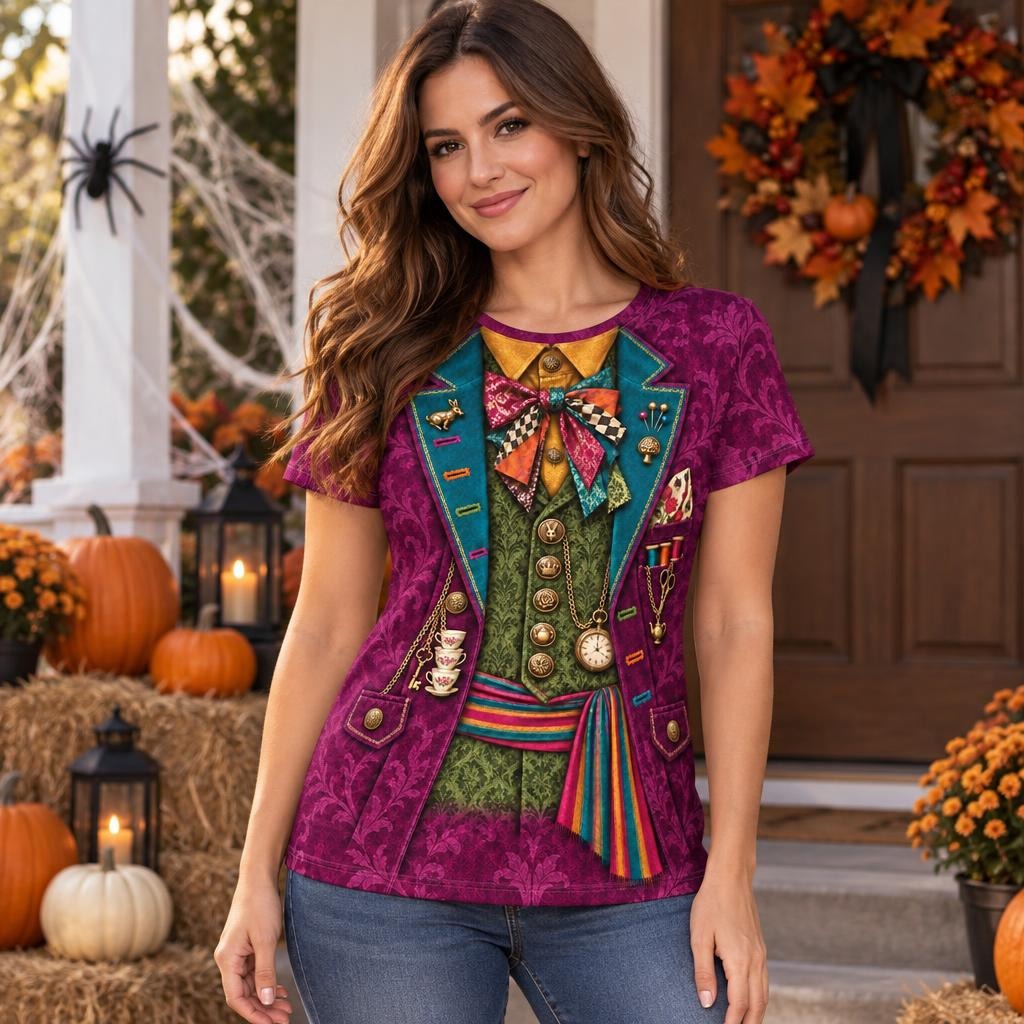 Crazy Mad Hatter Costume All Over Womens T Shirt Women's T-Shirts Old Glory