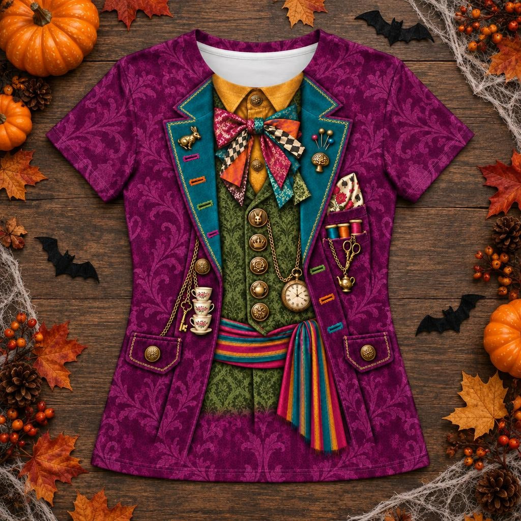Crazy Mad Hatter Costume All Over Womens T Shirt Women's T-Shirts Old Glory