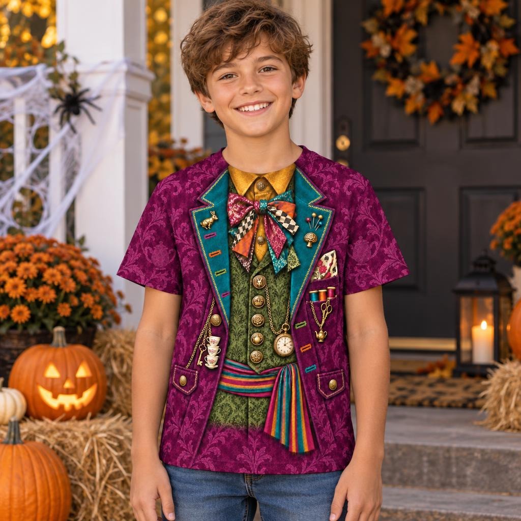 Crazy Mad Hatter Costume All Over Youth T Shirt Youth T-Shirts Old Glory