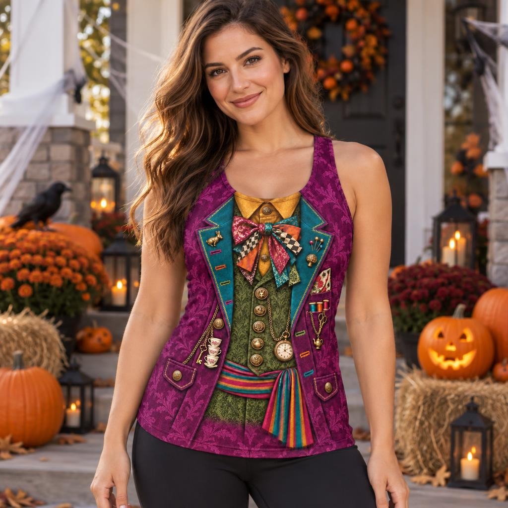 Crazy Mad Hatter Costume All Over Womens Work Out Tank Top Women's Tank Tops Old Glory