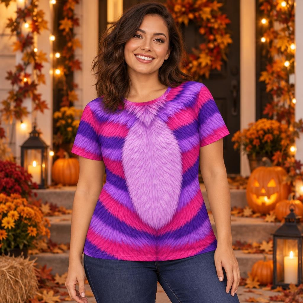 Curious Striped Cat Costume All Over Womens T Shirt Women's T-Shirts Old Glory