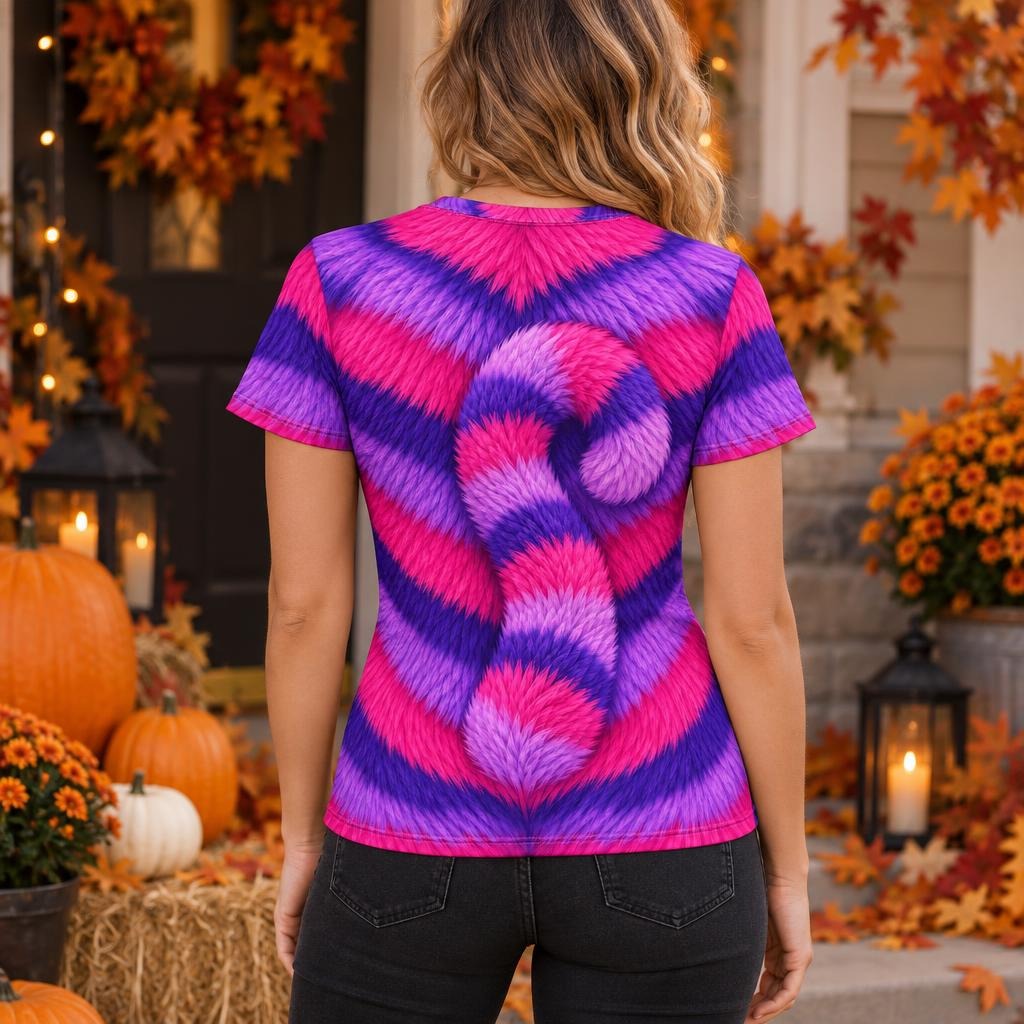 Curious Striped Cat Costume All Over Womens T Shirt Women's T-Shirts Old Glory