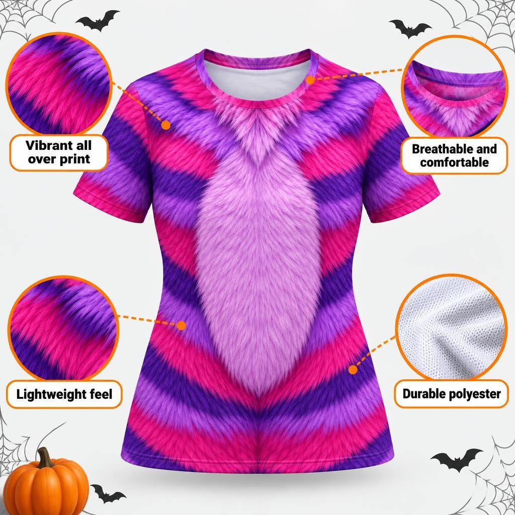 Curious Striped Cat Costume All Over Womens T Shirt Women's T-Shirts Old Glory