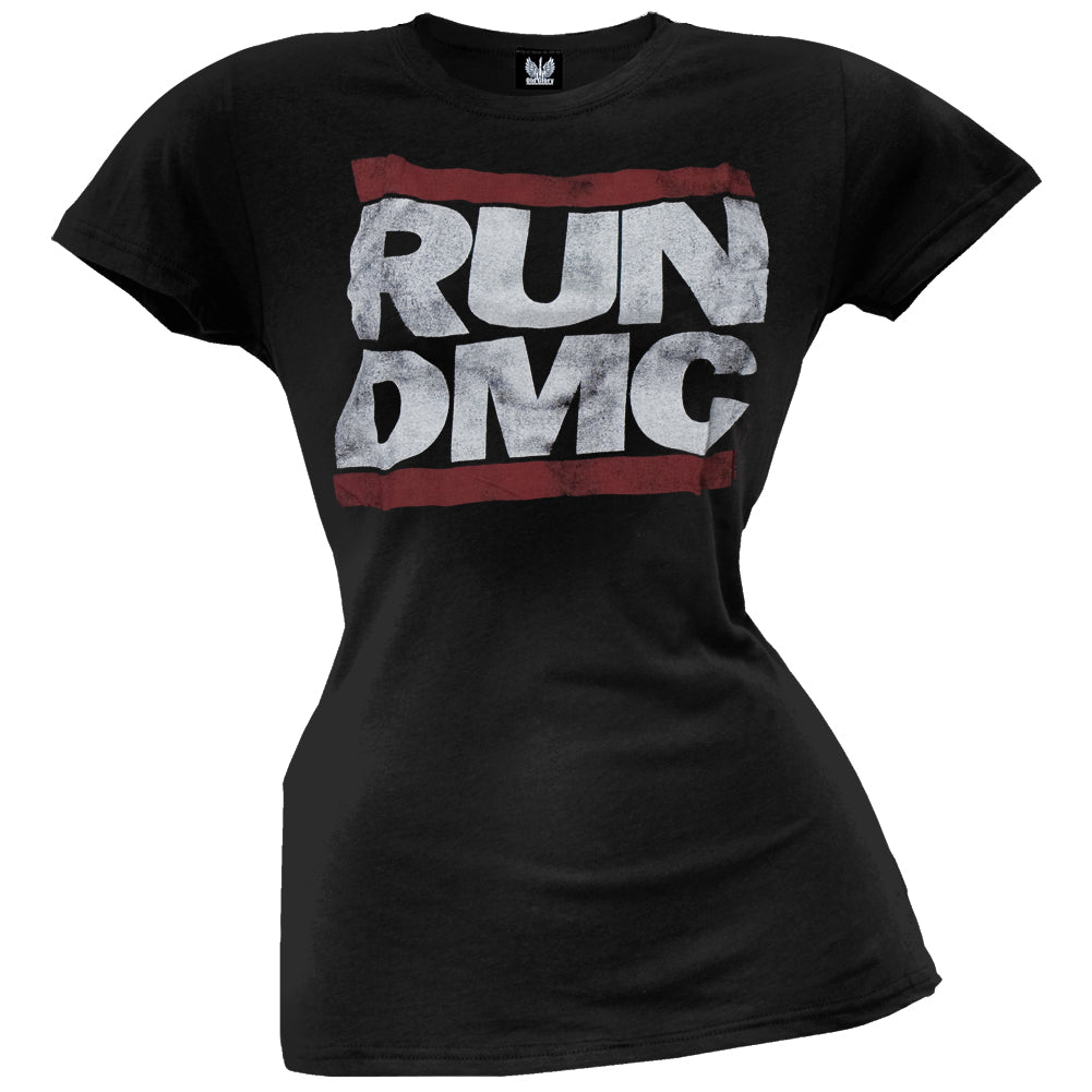 Run DMC - Distressed Logo Juniors Womens T Shirt Juniors T-Shirts Oldglory.com MD Black
