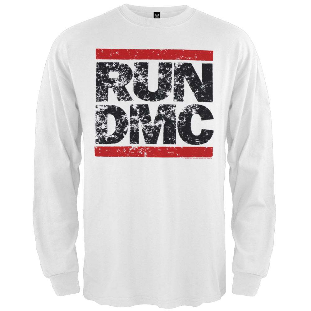 Run DMC - Distressed Logo Mens Long Sleeve T Shirt Men's Long Sleeves Oldglory.com SM White
