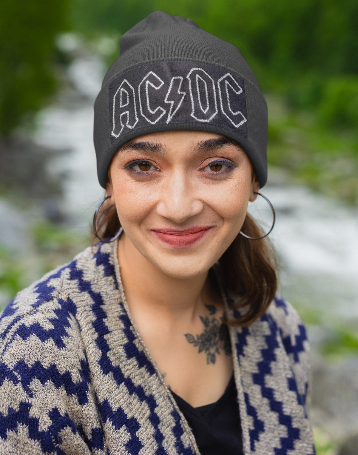 AC/DC Logo Fly Stitch Black Knit Hat Beanie Knit Hats Old Glory