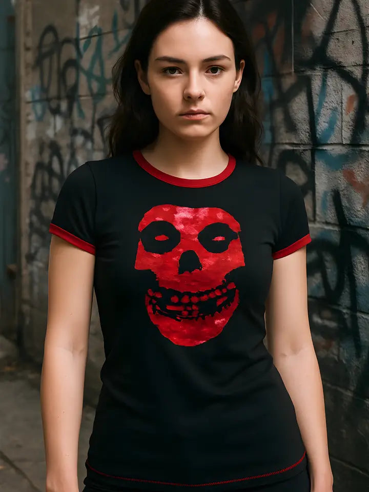 Misfits - Red Foil Skull Juniors Ringer T-Shirt Juniors T-Shirts Misfits