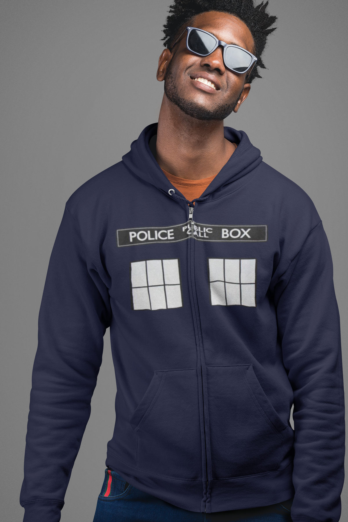Doctor Who Large TARDIS Mens Navy Blue Zip Hoodie – Old Glory