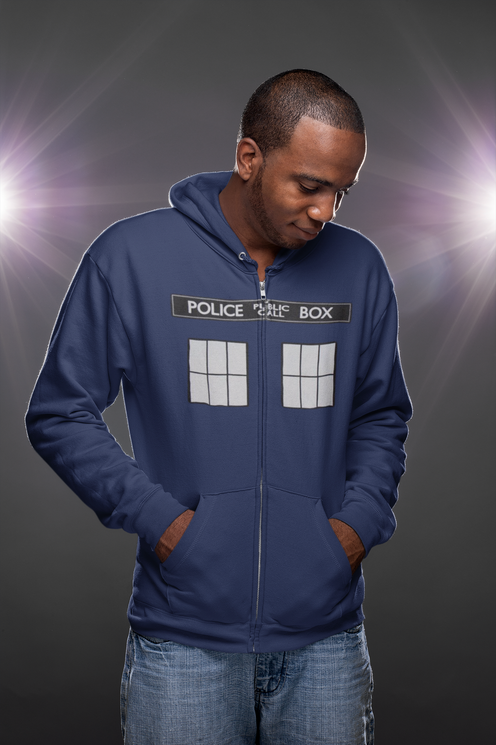 Doctor Who Large TARDIS Mens Navy Blue Zip Hoodie – Old Glory
