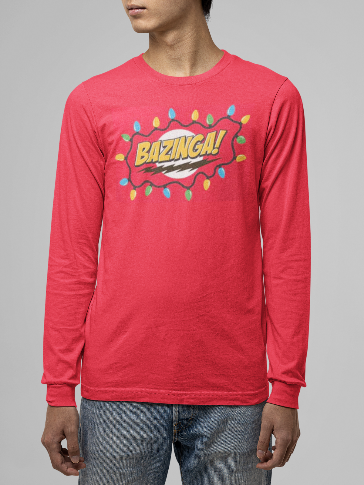 Big Bang Theory - Christmas Lights Bazinga Red Long Sleeve T-Shirt Men's Long Sleeves Big Bang Theory