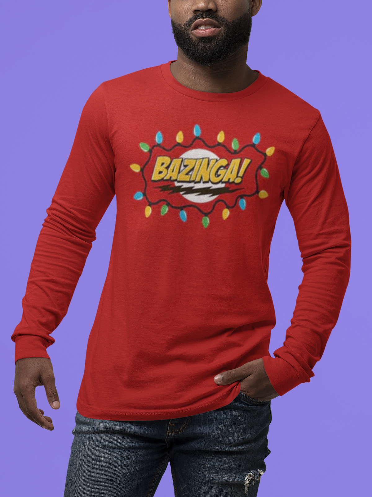 Big Bang Theory - Christmas Lights Bazinga Red Long Sleeve T-Shirt Men's Long Sleeves Big Bang Theory