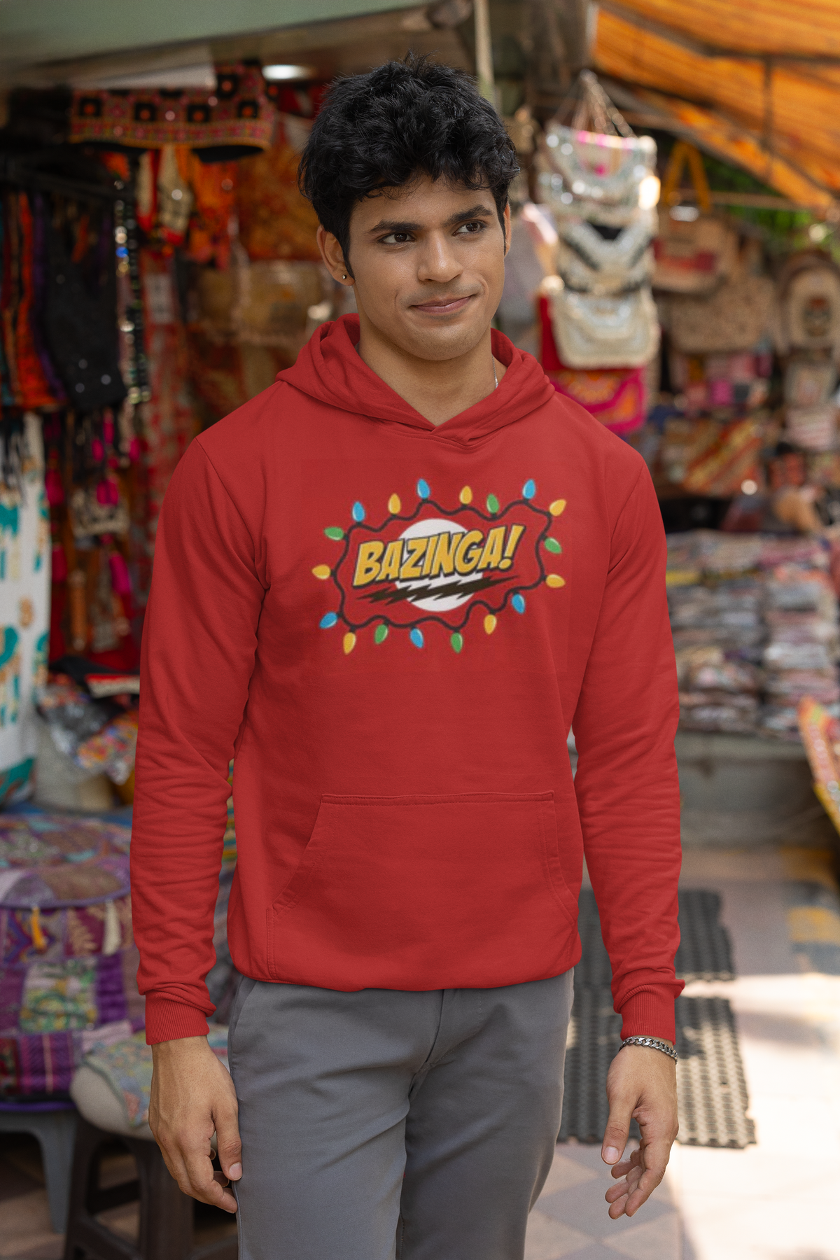 Big Bang Theory - Christmas Lights Bazinga Red Pullover Hoodie Men's Hoodies Big Bang Theory