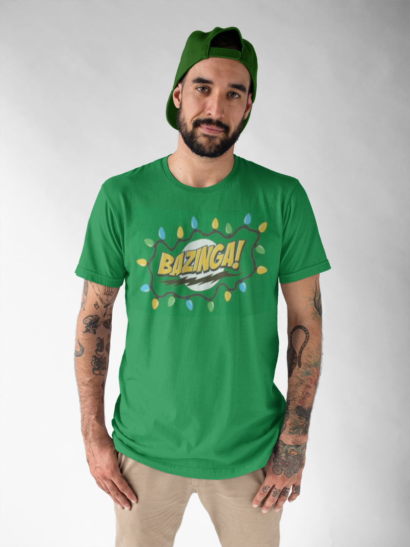 Big Bang Theory - Christmas Lights Bazinga Men's Irish Green T-Shirt Men's T-Shirts Big Bang Theory