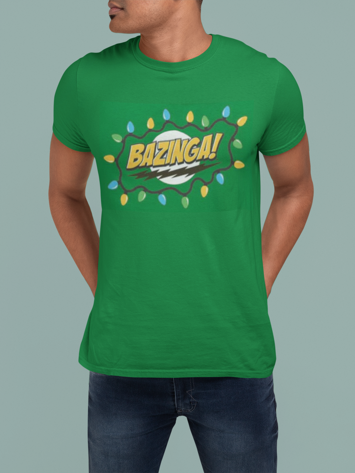 Big Bang Theory - Christmas Lights Bazinga Men's Irish Green T-Shirt Men's T-Shirts Big Bang Theory