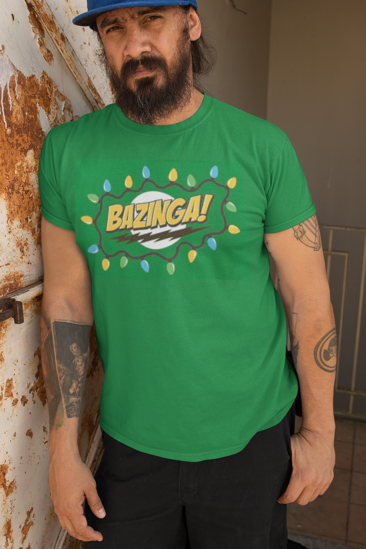 Big Bang Theory - Christmas Lights Bazinga Men's Irish Green T-Shirt Men's T-Shirts Big Bang Theory