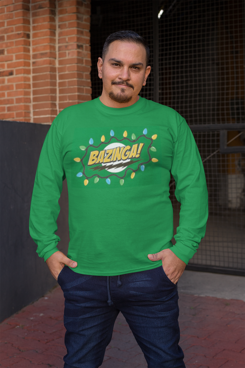 Big Bang Theory - Christmas Lights Bazinga Mens Green Long Sleeve T Shirt Men's Long Sleeves Big Bang Theory