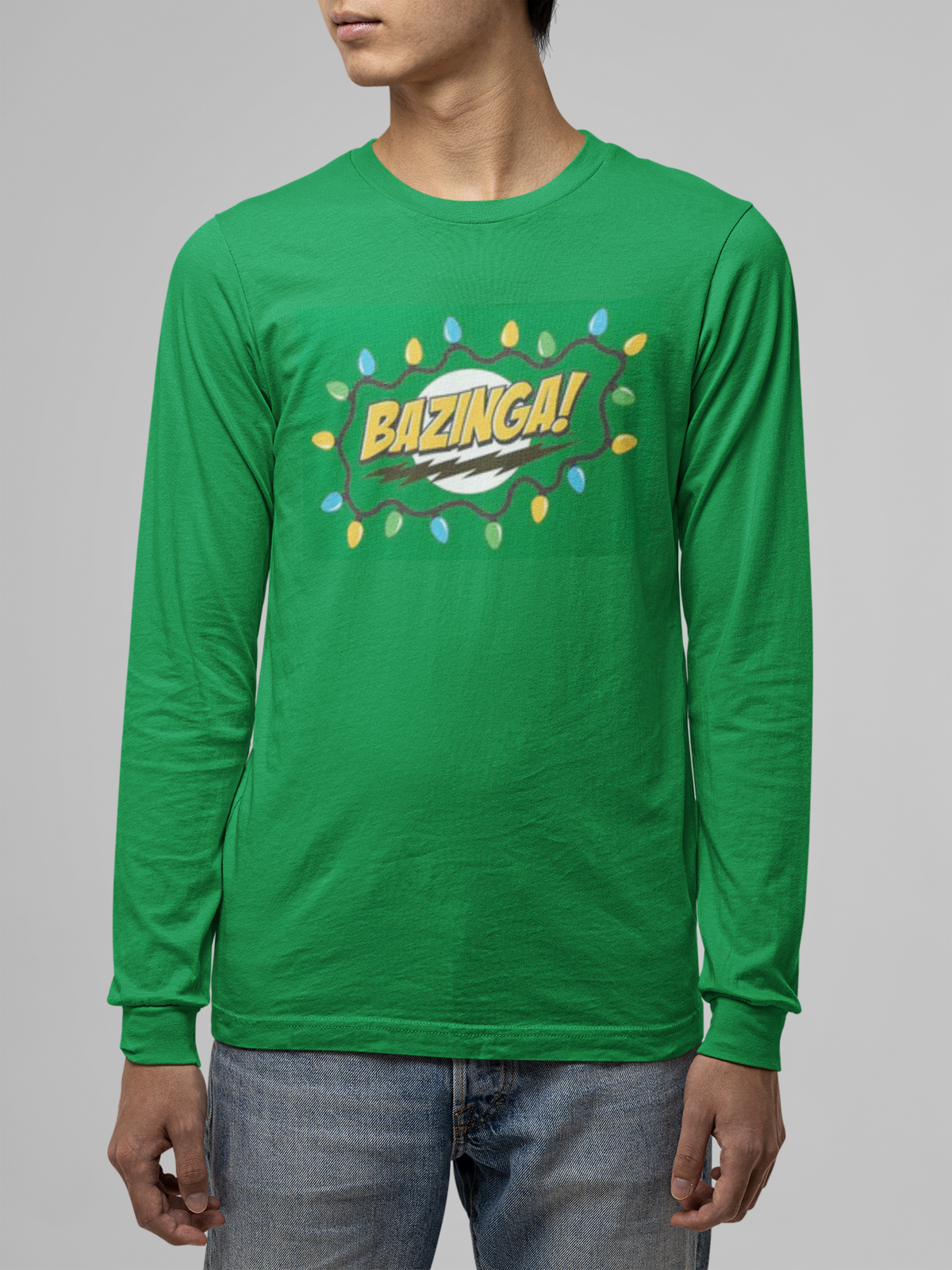 Big Bang Theory - Christmas Lights Bazinga Mens Green Long Sleeve T Shirt Men's Long Sleeves Big Bang Theory