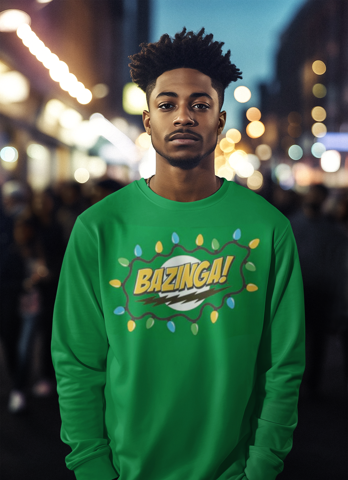 Big Bang Theory - Christmas Lights Bazinga Mens Green Long Sleeve T Shirt Men's Long Sleeves Big Bang Theory