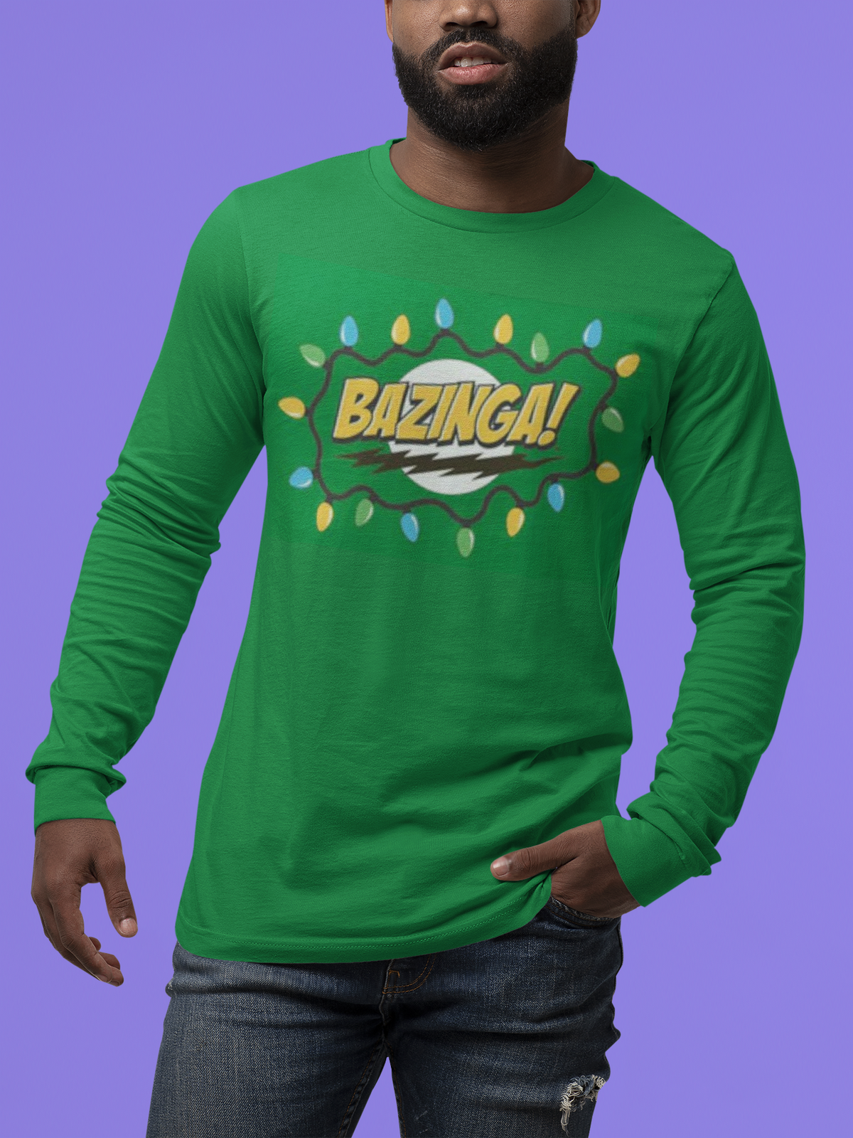 Big Bang Theory - Christmas Lights Bazinga Mens Green Long Sleeve T Shirt Men's Long Sleeves Big Bang Theory