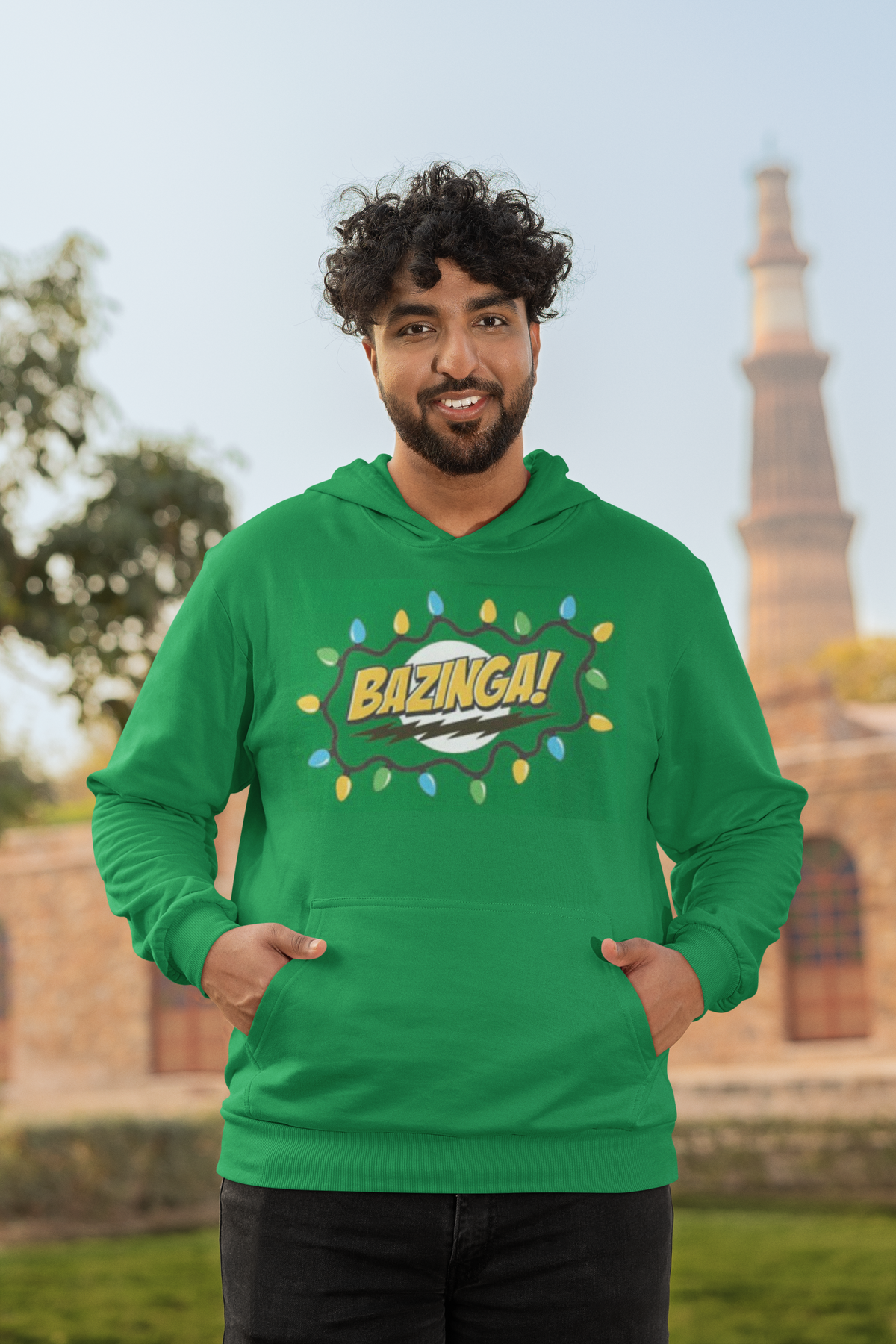 Big Bang Theory - Christmas Lights Bazinga Mens Irish Green Pullover Hoodie Men's Hoodies Big Bang Theory