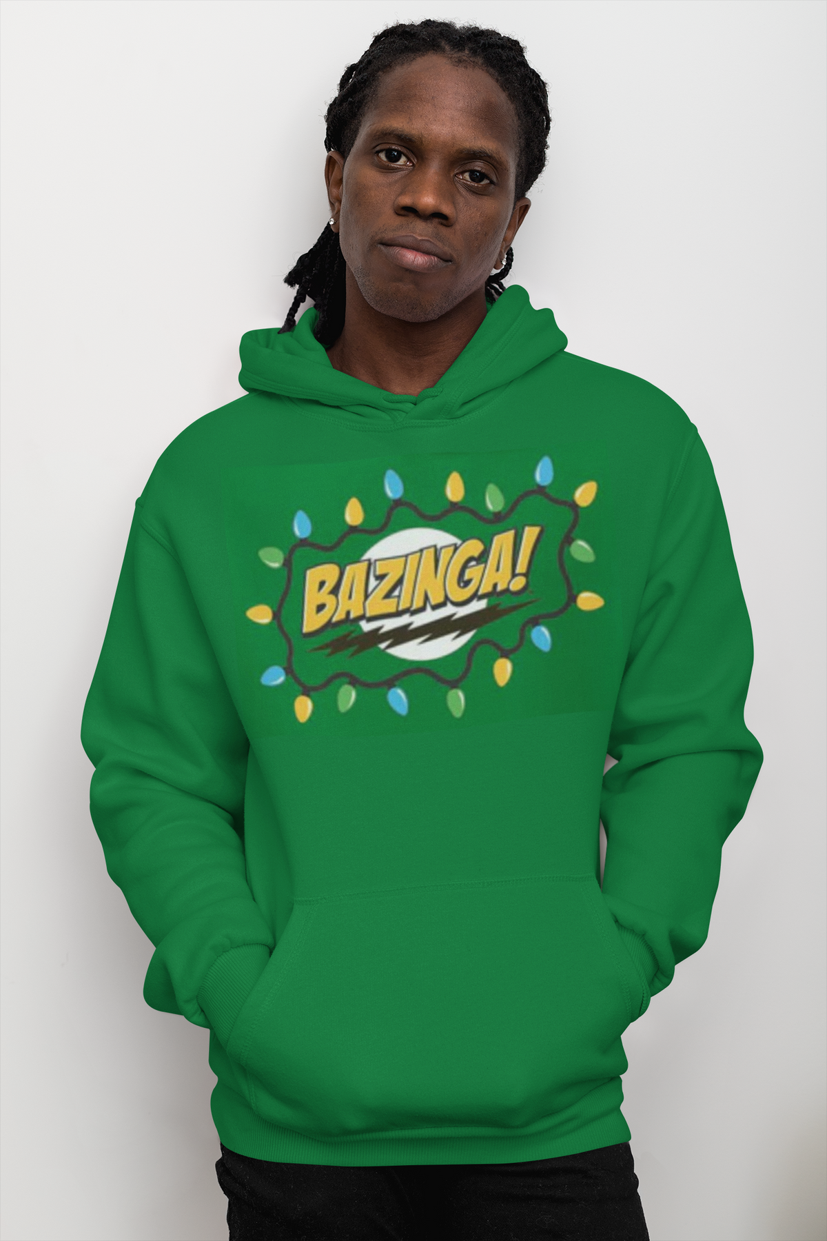 Big Bang Theory - Christmas Lights Bazinga Mens Irish Green Pullover Hoodie Men's Hoodies Big Bang Theory