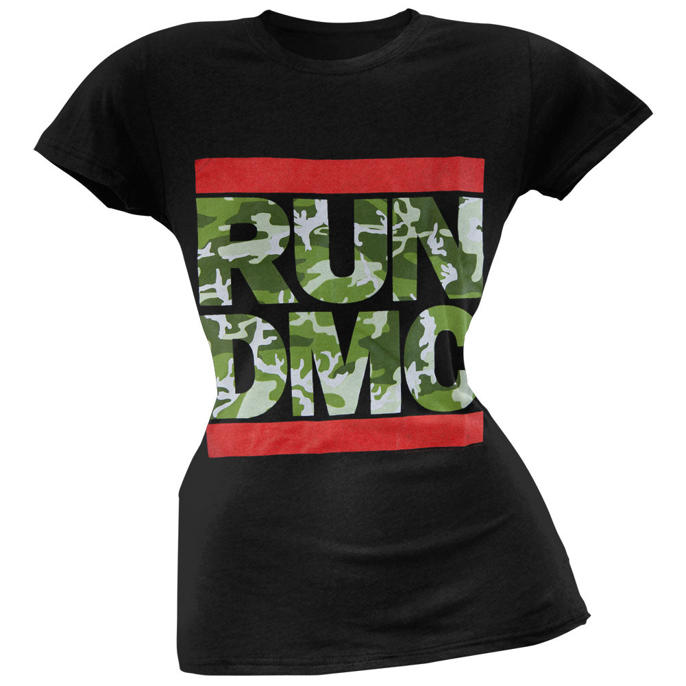 Run DMC - Camo Logo Juniors Womens T Shirt Juniors T-Shirts Oldglory.com SM Black