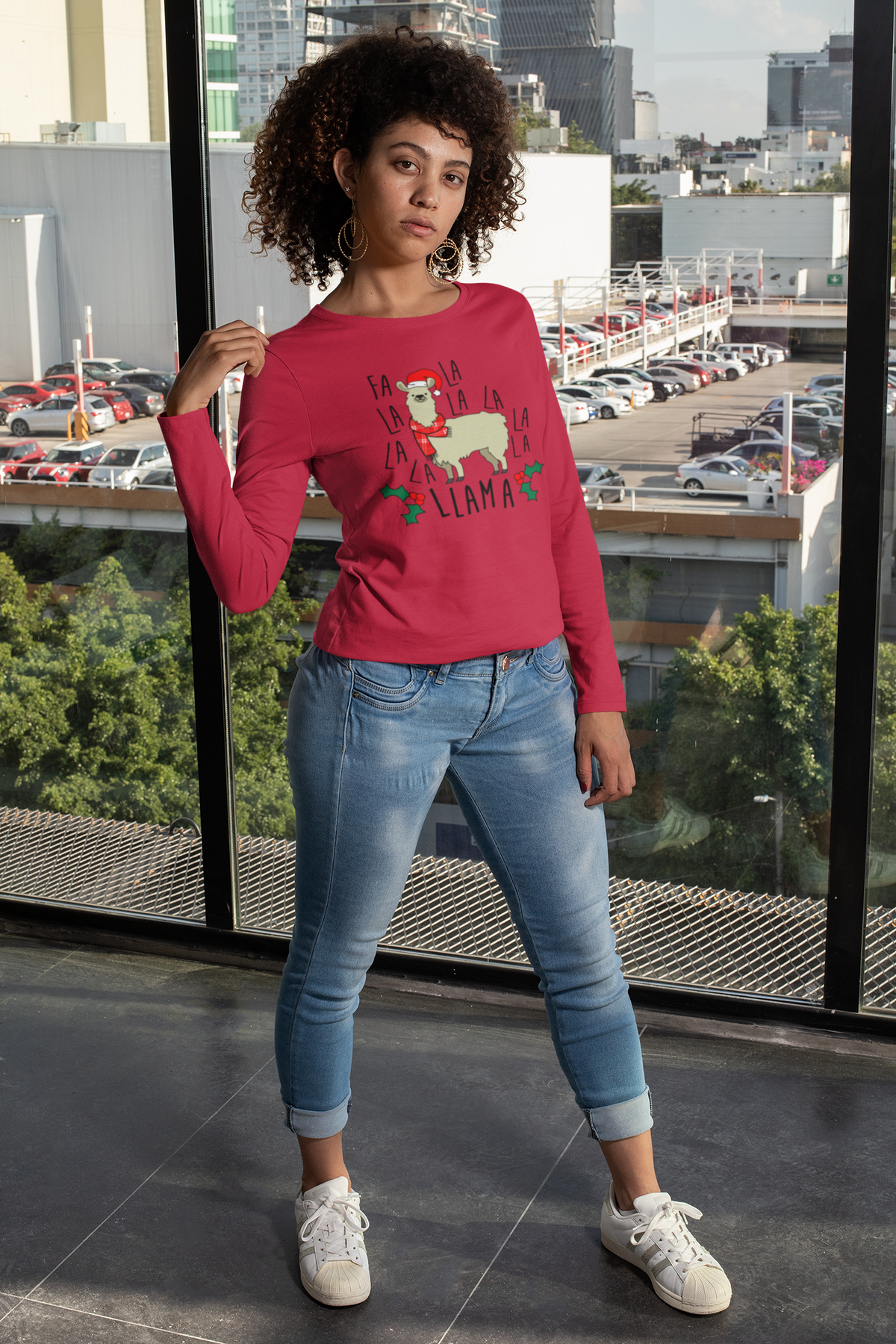 Christmas Fa La Llama Womens Long Sleeve T Shirt - MD / Red  Old Glory   