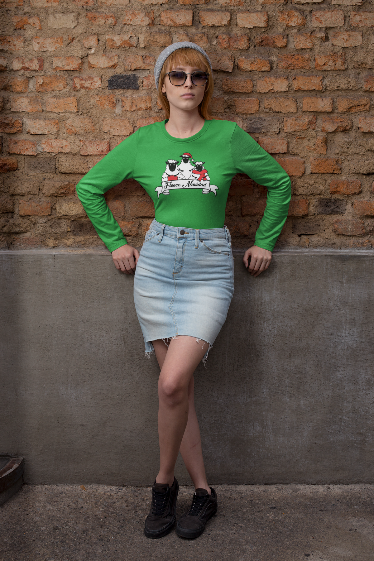 Christmas Sheep Feliz Fleece Navidad Womens Long Sleeve T Shirt - LG / Green  Old Glory   