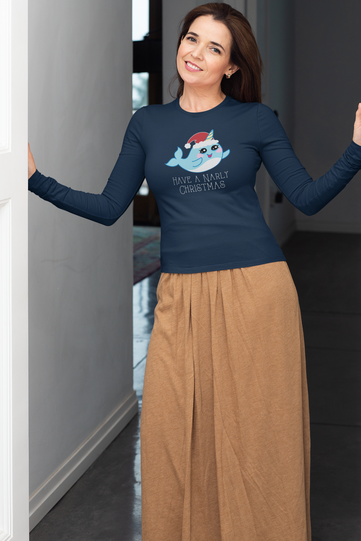 Narwhal Have a Narly Gnarly Christmas Womens Long Sleeve T Shirt Navy X-LG  Old Glory   
