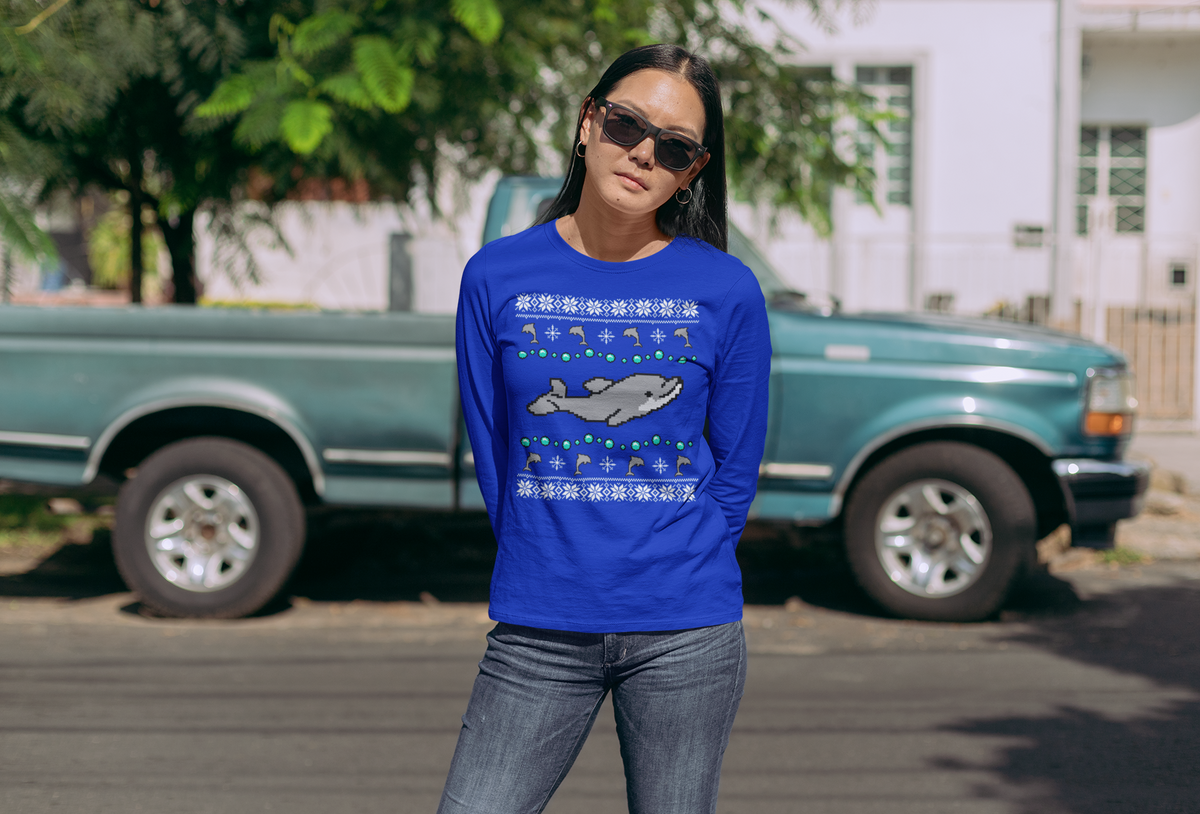 Ugly Christmas Sweater Dolphin Womens Long Sleeve T Shirt Women's Long Sleeves Old Glory   