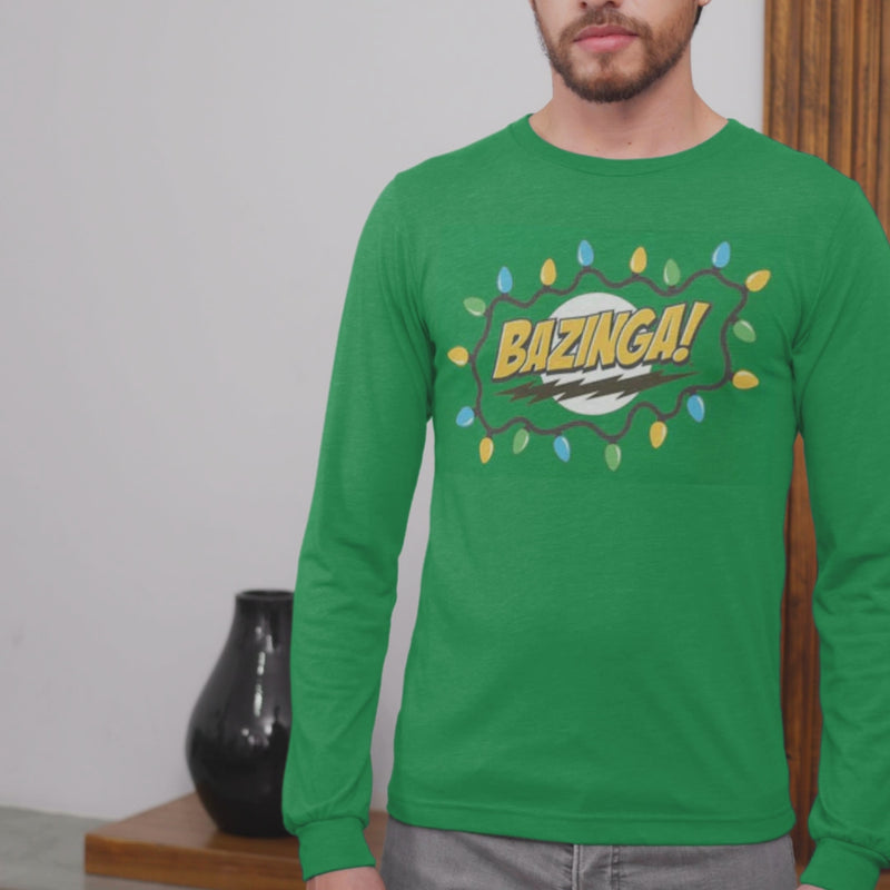 Big Bang Theory - Christmas Lights Bazinga Mens Green Long Sleeve T Shirt Men's Long Sleeves Big Bang Theory