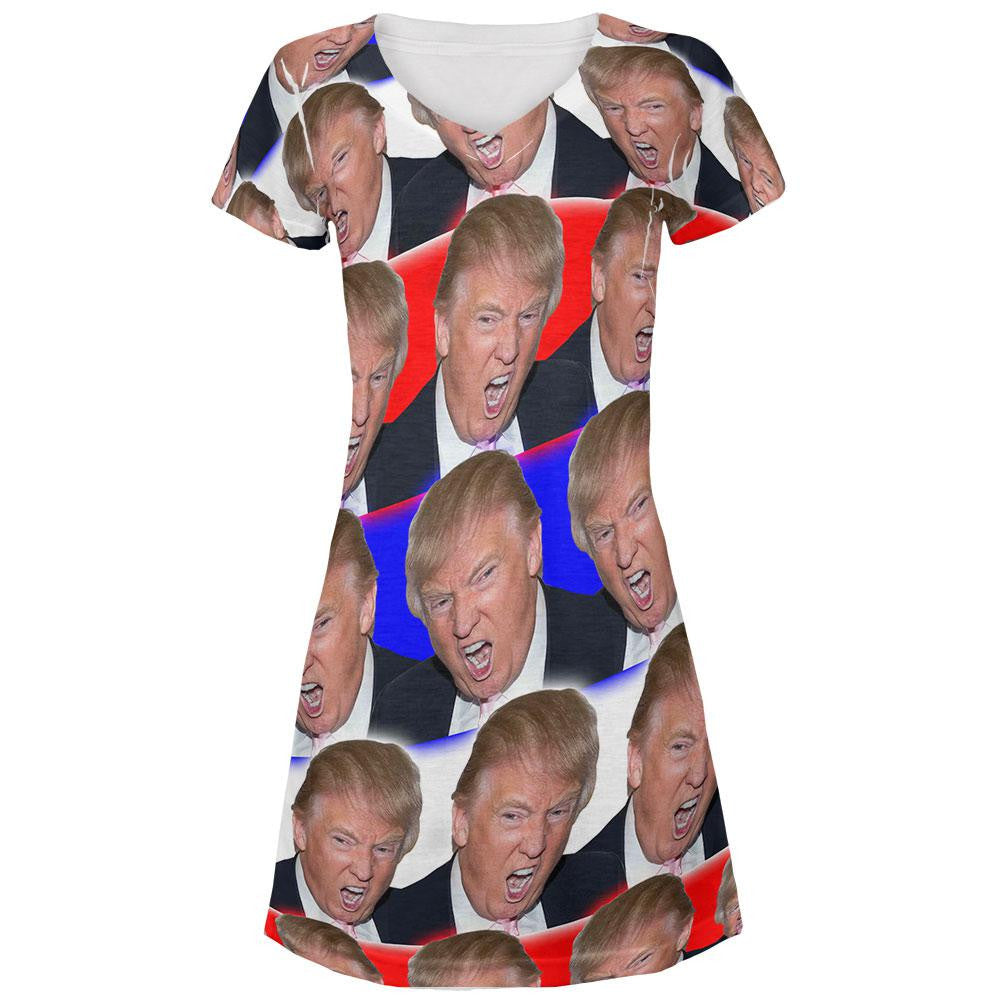 Election 2016 Trump Make America Great Funny All Over Juniors V-Neck Dress Juniors Dresses Old Glory LG Multi 