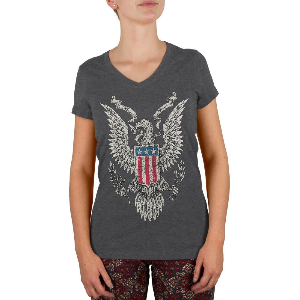 4th of July Born Free Distressed Vintage Eagle Juniors V-Neck T Shirt Juniors V-Neck T-Shirts Old Glory 2XL Grey 