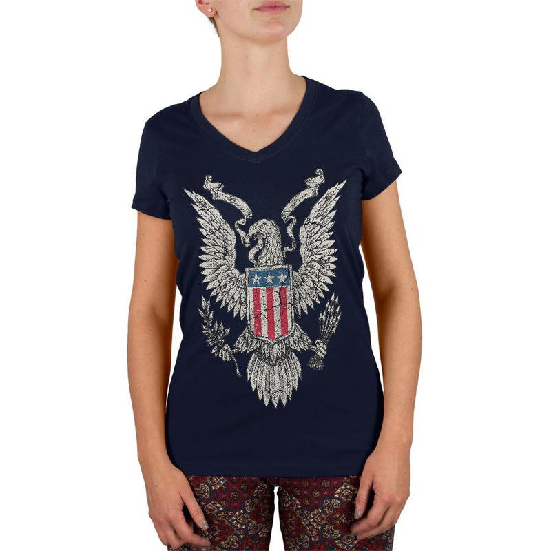 4th of July Born Free Distressed Vintage Eagle Juniors V-Neck T Shirt Juniors V-Neck T-Shirts Old Glory 2XL Navy 