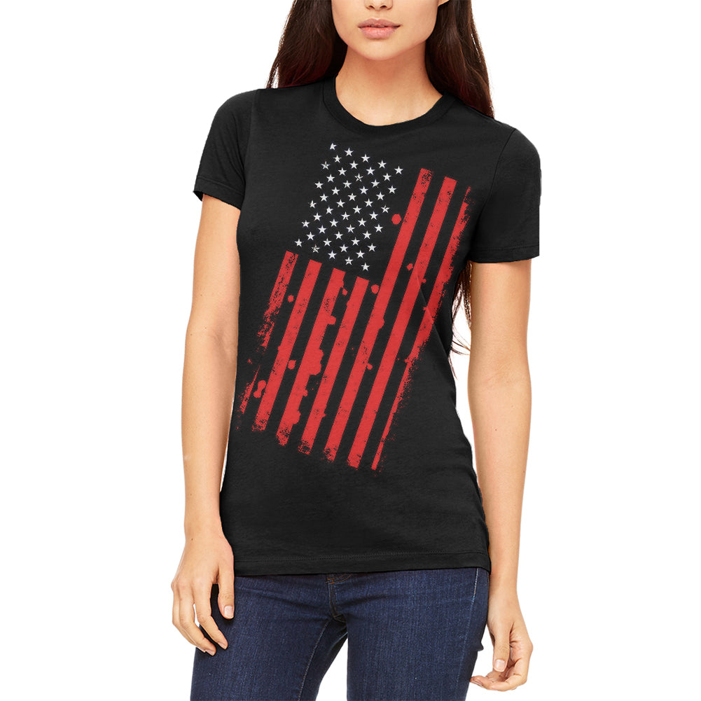 4th of July Distressed Offset American Flag Juniors Soft T Shirt Juniors T-Shirts 4th of July 2XL Black 