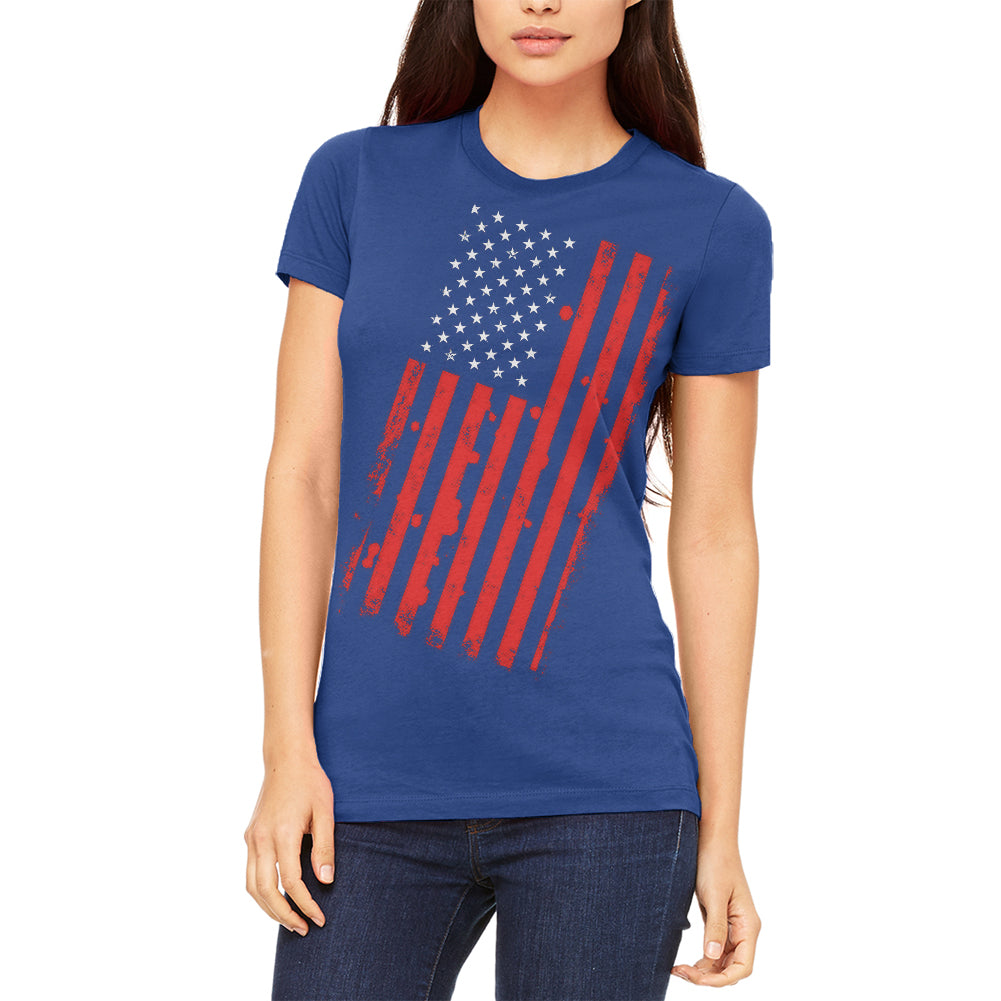 4th of July Distressed Offset American Flag Juniors Soft T Shirt Juniors T-Shirts 4th of July 2XL Royal 