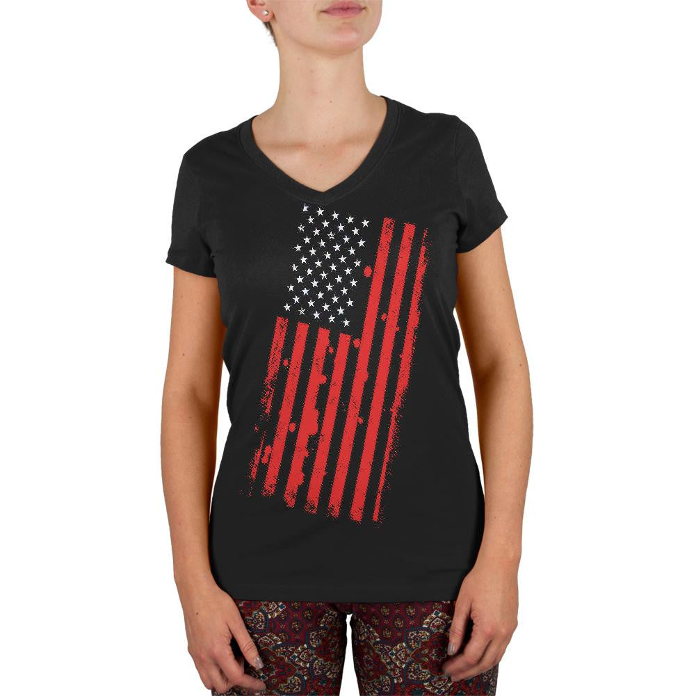 4th of July Distressed Offset American Flag Juniors V-Neck T Shirt Juniors V-Neck T-Shirts Old Glory LG Black 