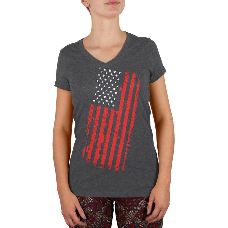 4th of July Distressed Offset American Flag Juniors V-Neck T Shirt Juniors V-Neck T-Shirts Old Glory 2XL Grey 