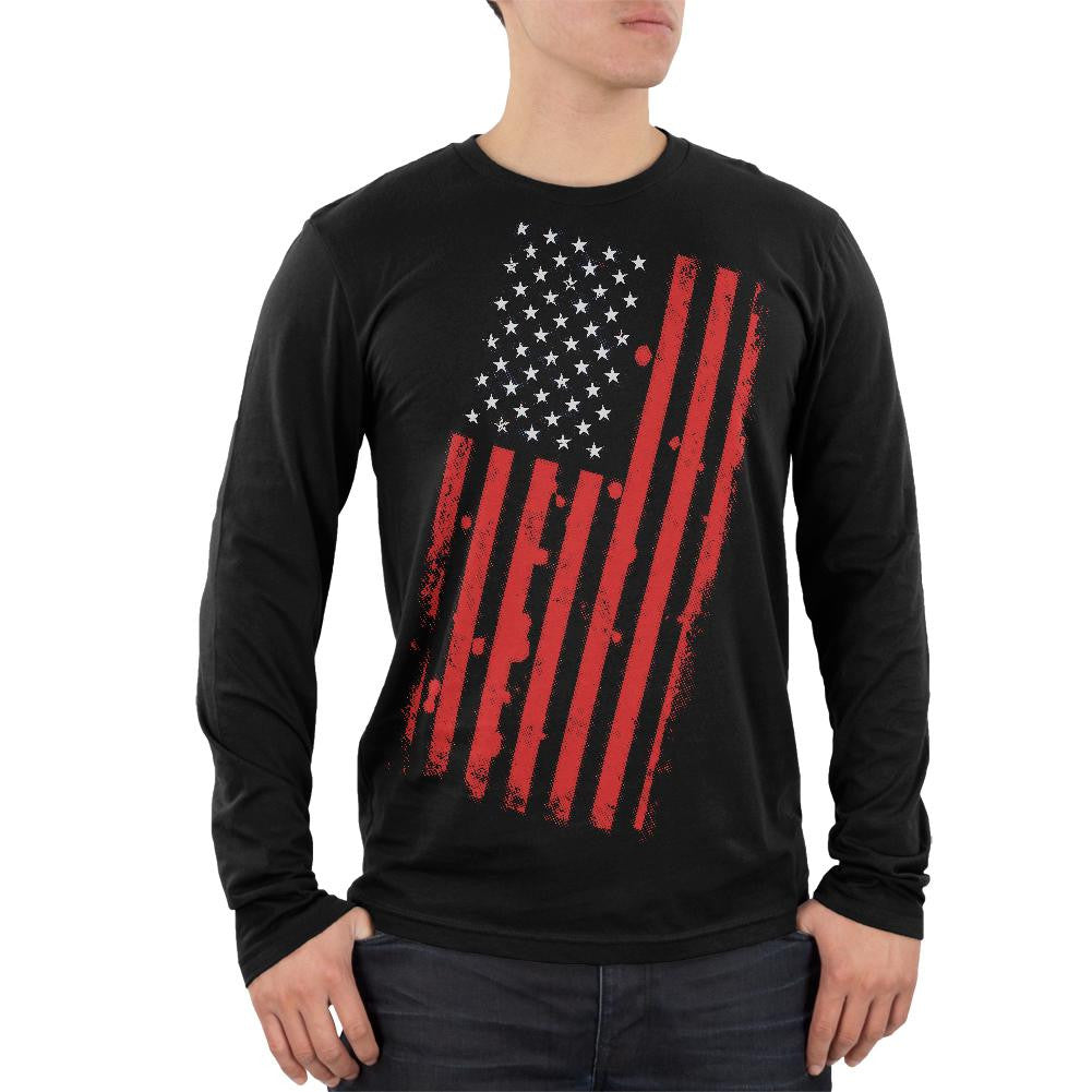 4th of July Distressed Offset American Flag Mens Soft Long Sleeve T Shirt Men's Long Sleeves Old Glory 2XL Black 