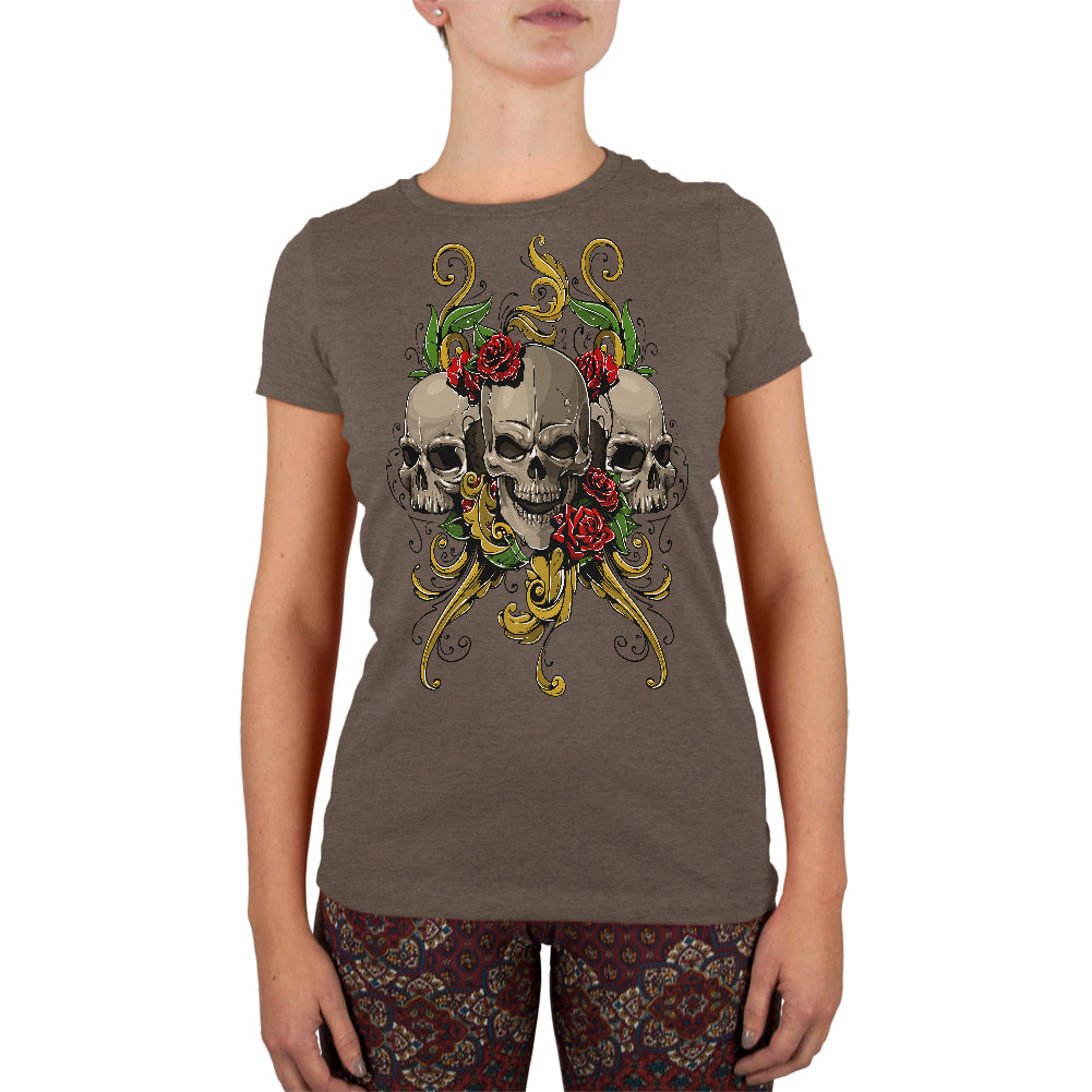 Skulls and Roses Tattoo Juniors Soft T Shirt Juniors T-Shirts Old Glory 2XL Heather Brown 