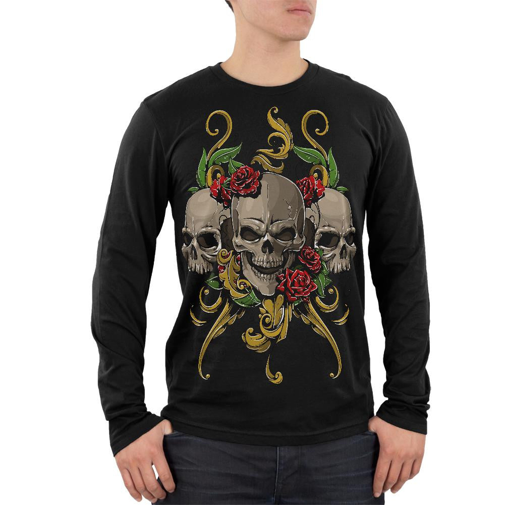 Skulls and Roses Tattoo Mens Soft Long Sleeve T Shirt Men's Long Sleeves Old Glory 2XL Black 