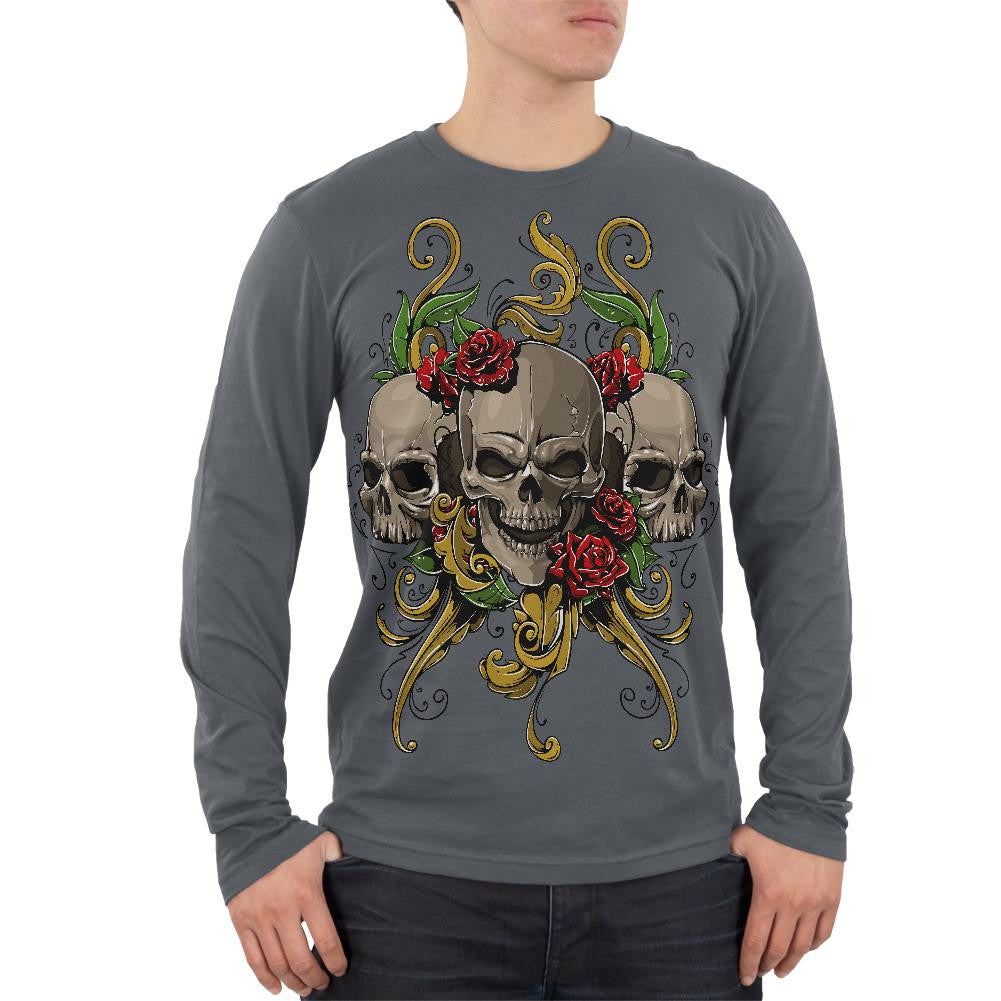 Skulls and Roses Tattoo Mens Soft Long Sleeve T Shirt Men's Long Sleeves Old Glory 2XL Grey 